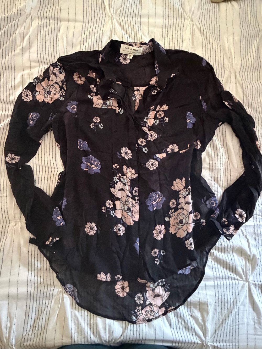Anthropologie Black Button-Down Blouse with Pink & Blue Floral Print
